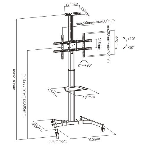 סטנד טלוויזיה טלסקופי מפלדה למסכים בגודל 37″–70″