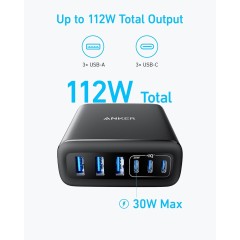Wall charger Anker 112W (3×USB-C + 3×USB-A) — black.