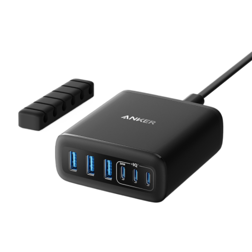 Wall charger Anker 112W (3×USB-C + 3×USB-A) — black.
