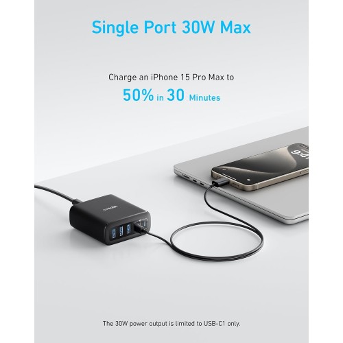 Wall charger Anker 112W (3×USB-C + 3×USB-A) — black.