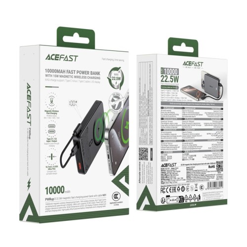 סוללת גיבוי ACEFAST M31 בקיבולת 10000mAh עם טעינה אלחוטית מגנטית מהירה 22.5W — שחור