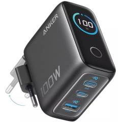 Anker Nano 100W Wall Charger (2×USB-C + USB-A) with Digital Display — Black