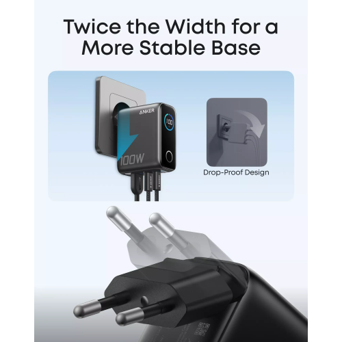 Anker Nano 100W Wall Charger (2×USB-C + USB-A) with Digital Display — Black