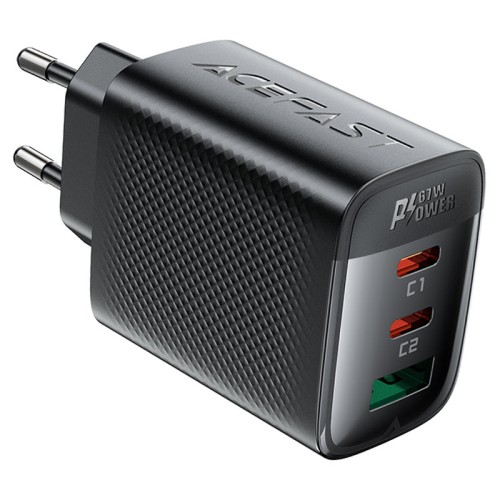 Быстрое сетевое зарядное устройство A108 PD67W (2xUSB-C + USB-A) – с европейской вилкой (EU), черное