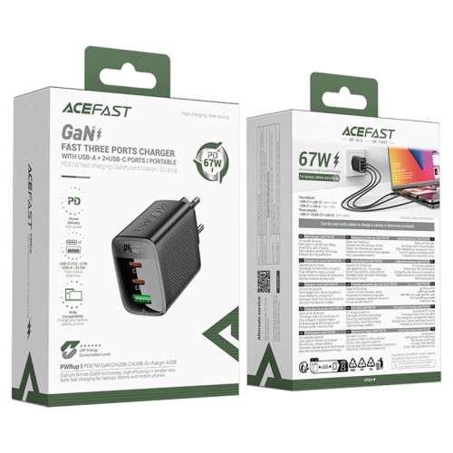 Быстрое сетевое зарядное устройство A108 PD67W (2xUSB-C + USB-A) – с европейской вилкой (EU), черное