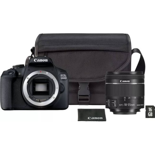 Canon EOS 2000D DSLR Digital Camera + EF-S 18-55mm F3.5-5.6 IS II Lens + Carrying Case + 16GB SD Memory Card — Black
