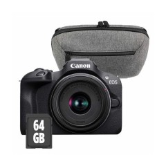 מצלמה דיגיטלית ללא מראה Canon EOS R100 עם עדשת RF-S 18-45mm F4.5-6.3 IS STM + תיק נשיאה + כרטיס זיכרון SD 64GB — שחור