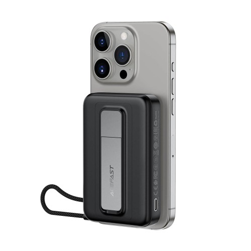 סוללת גיבוי ACEFAST M24 בקיבולת 10000mAh עם טעינה אלחוטית מגנטית מהירה 22.5W, כבל USB-C מובנה ומעמד — אפור