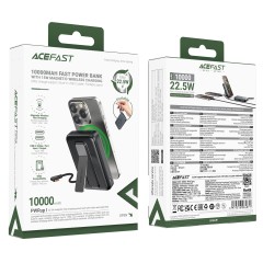 סוללת גיבוי ACEFAST M24 בקיבולת 10000mAh עם טעינה אלחוטית מגנטית מהירה 22.5W, כבל USB-C מובנה ומעמד — אפור