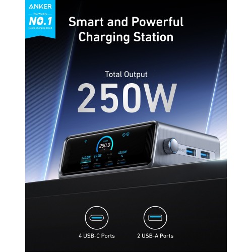 Wall charger Anker Prime 250W (4×USB-C + 2×USB-A) with display — gray.