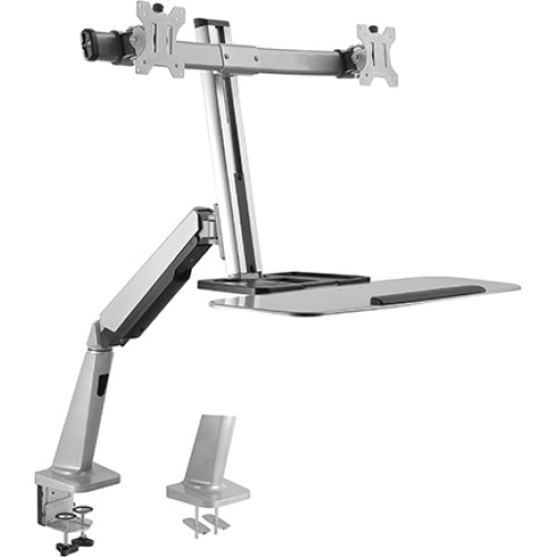 Dual Monitor Desk Mount with Keyboard Tray for 13″–27″ Displays