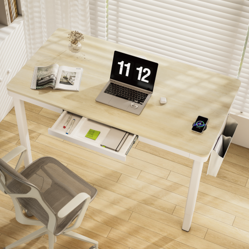 Electric Standing Desk with Pull-Out Drawer and Wireless Charger — White