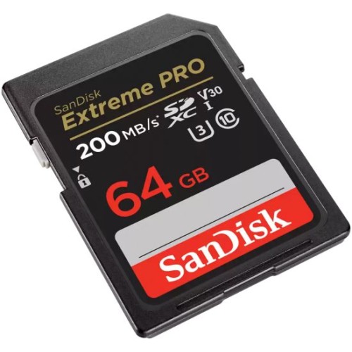 SanDisk Extreme PRO SDXC UHS-I U3 V30 memory card with a capacity of 64GB