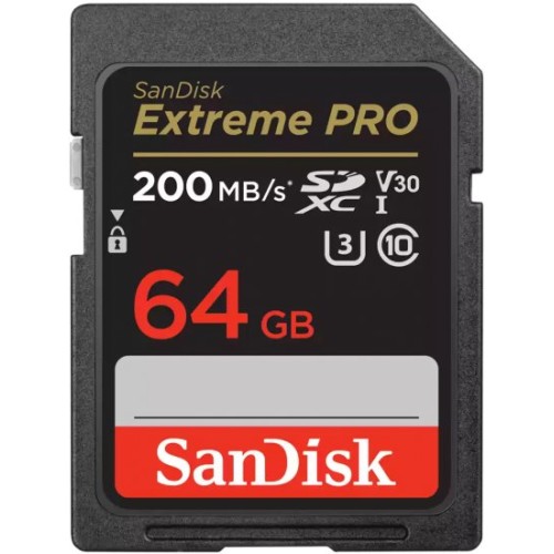 SanDisk Extreme PRO SDXC UHS-I U3 V30 memory card with a capacity of 64GB