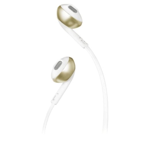 Bluetooth headphones JBL Tune 205BT in white gold color.