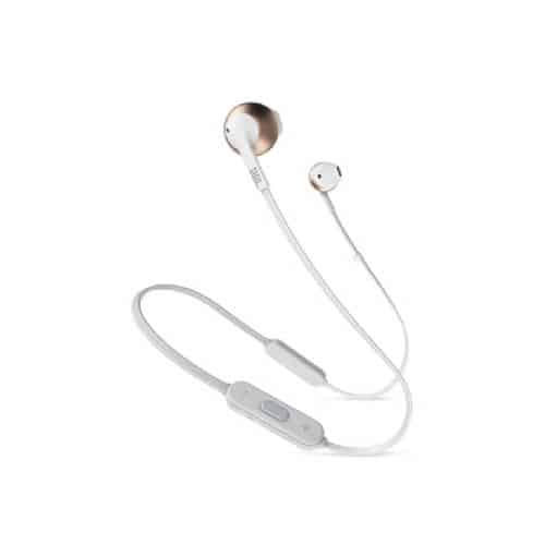 Bluetooth headphones JBL Tune 205BT in white gold color.