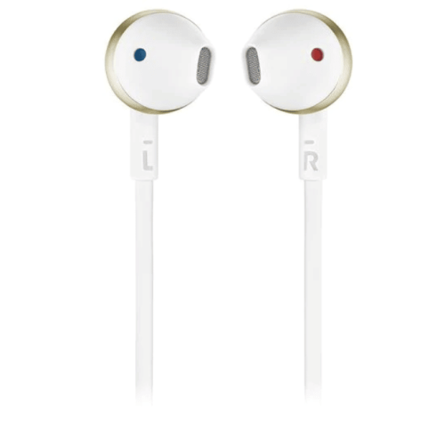 Bluetooth headphones JBL Tune 205BT in white gold color.