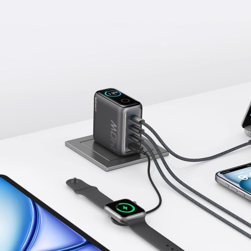 Wall charger Anker Prime 140W (3×USB-C + USB-A) with display — black/gray.