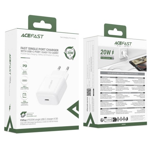ACEFAST A130 PD20W USB-C Wall Charger with EU Plug — White