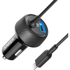 Автомобильное зарядное устройство Anker PowerDrive 2 Elite 24W (USB-A + встроенный Lightning кабель) — чёрное