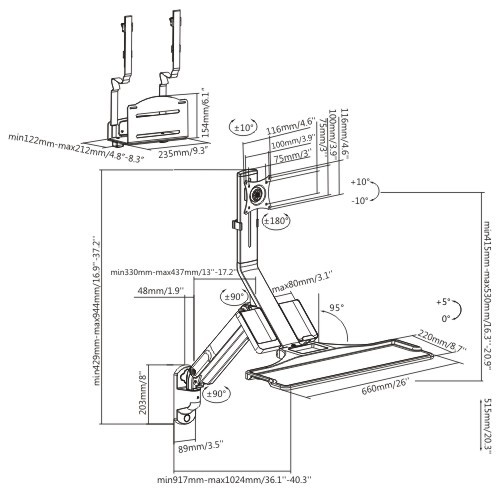 מתקן קיר פרימיום למחשב עם מנגנון קפיץ גז ותושבת למארז מחשב