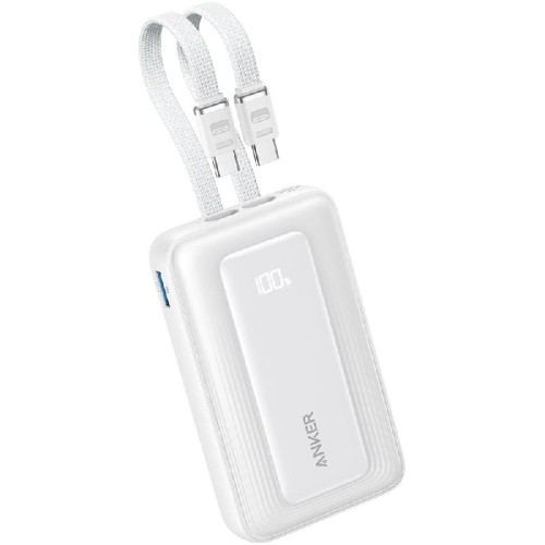 סוללת גיבוי Anker Zolo Power Bank (10K, 35W) עם כבלי USB-C כפולים מובנים — לבן