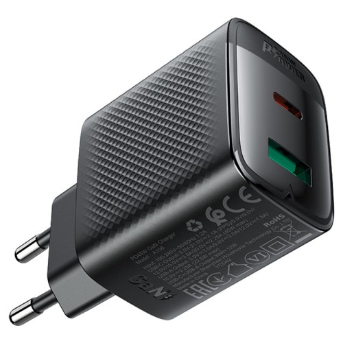 Быстрое сетевое зарядное устройство A106 PD45W (USB-C + USB-A) с европейской вилкой (EU), черное