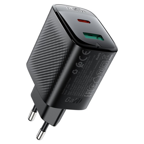 Быстрое сетевое зарядное устройство A106 PD45W (USB-C + USB-A) с европейской вилкой (EU), черное