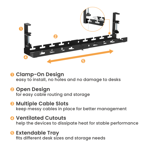 Clamp-on cable management organizer — Black
