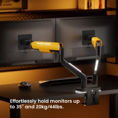 זרוע שולחנית כפולה עם תאורת RGB ל-2 מסכים בגודל 17″–35″