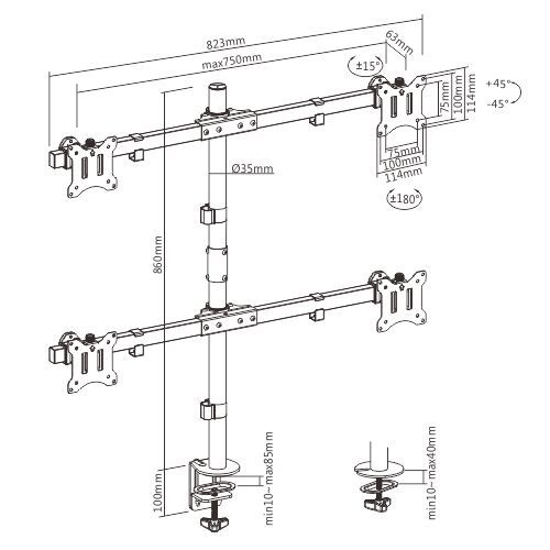 Настольный кронштейн для 4 мониторов размером 17″–32″