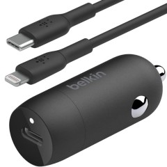 מטען לרכב Belkin עם חיבור USB-C + כבל USB-C ל-Lightning באורך 1 מטר (שחור)