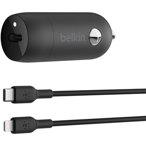 Автомобильное зарядное устройство Belkin USB-C + кабель USB-C на Lightning 1 метр (черный)