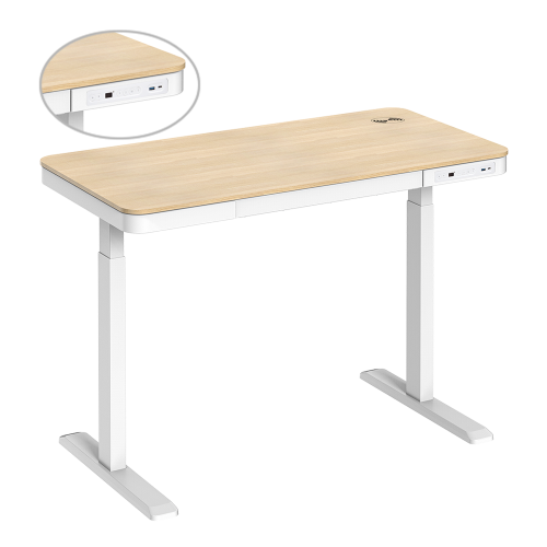 Single-motor height-adjustable desk with drawer and wireless charger — White, Natural Wood