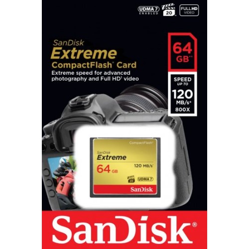 SanDisk 800x Extreme Compact-Flash memory card with a capacity of 64GB