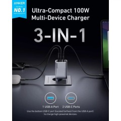 Anker Prime 100W Wall Charger (2×USB-C + USB-A) — Black/Gray