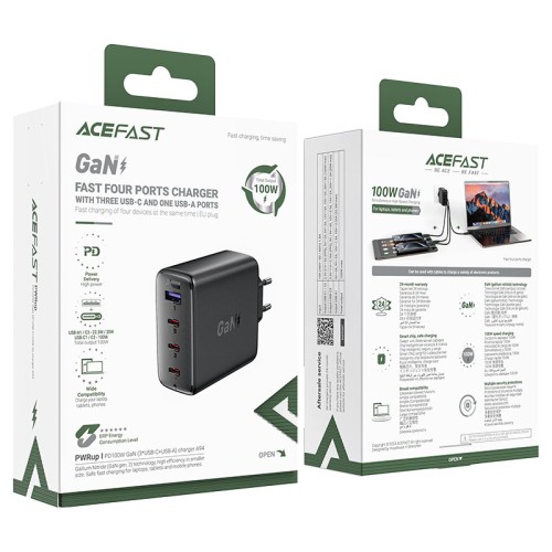 Быстрое сетевое зарядное устройство A94 PD100W GaN (3xUSB-C + 1xUSB-A) с европейской вилкой (EU), черное