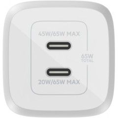 מטען קיר Belkin BoostCharge Pro GaN עם 2 יציאות USB-C בהספק 65W (לבן)