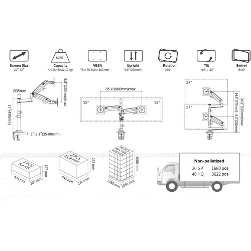 Dual 32-inch Computer Monitor Arm NB H-180