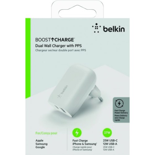 Сетевое зарядное устройство Belkin BoostCharge PPS USB-C/A 37W (белый)