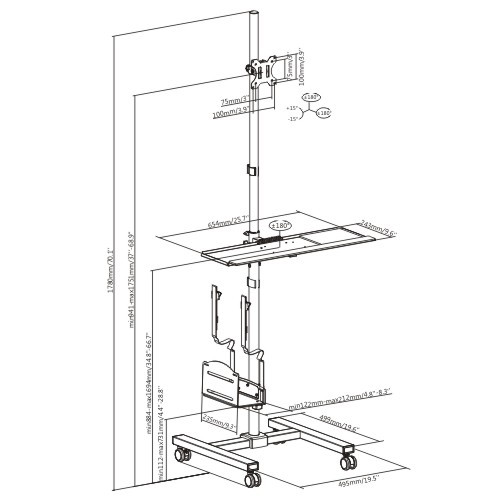 Mobile Workstation with Height Adjustment and Monitor Mount for 17"-32" Displays