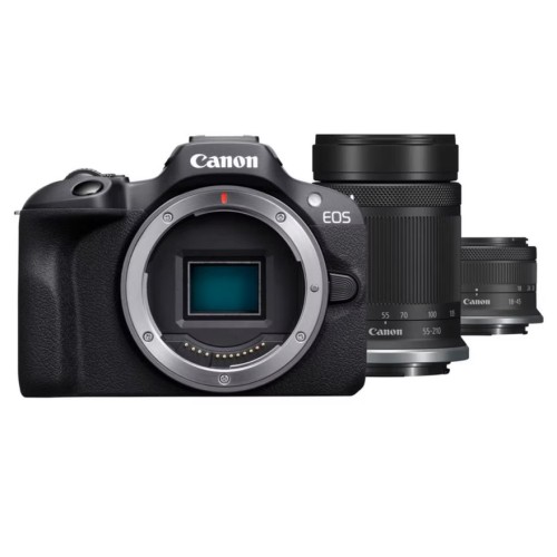 Беззеркальная цифровая камера Canon EOS R100 + объективы RF-S 18-45mm F4.5-6.3 IS STM и RF-S 55-210mm F5-7.1 IS STM Lens — черный