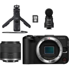 מצלמה דיגיטלית ללא מראה Canon EOS R50 V SEE Creator Kit (Wi-Fi 2.4/5GHz) + עדשת RF-S 14-30mm F4-6.3 IS STM PZ + מיני חצובה + מיקרופון + כרטיס זיכרון SD ‏128GB — שחור