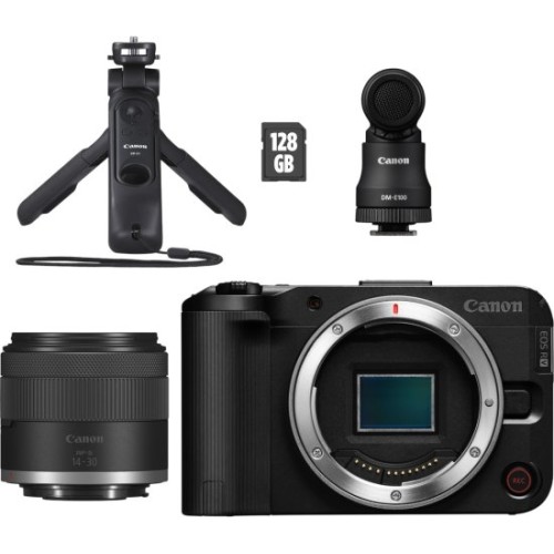מצלמה דיגיטלית ללא מראה Canon EOS R50 V SEE Creator Kit (Wi-Fi 2.4GHz) + עדשת RF-S 14-30mm F4-6.3 IS STM PZ + מיני חצובה + מיקרופון + כרטיס זיכרון SD ‏128GB — שחור
