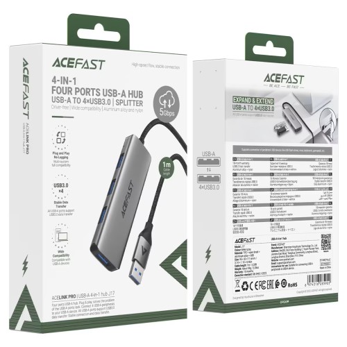 USB-концентратор ACEFAST J17 USB 3.0 на 4 порта 5Gbps — Metal Grey
