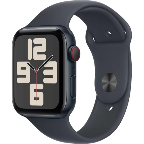 שעון Apple Watch SE GPS + Cellular בגודל 44 מ"מ בצבע Midnight Aluminium עם רצועת Midnight Sport Band במידה S/M (2024)